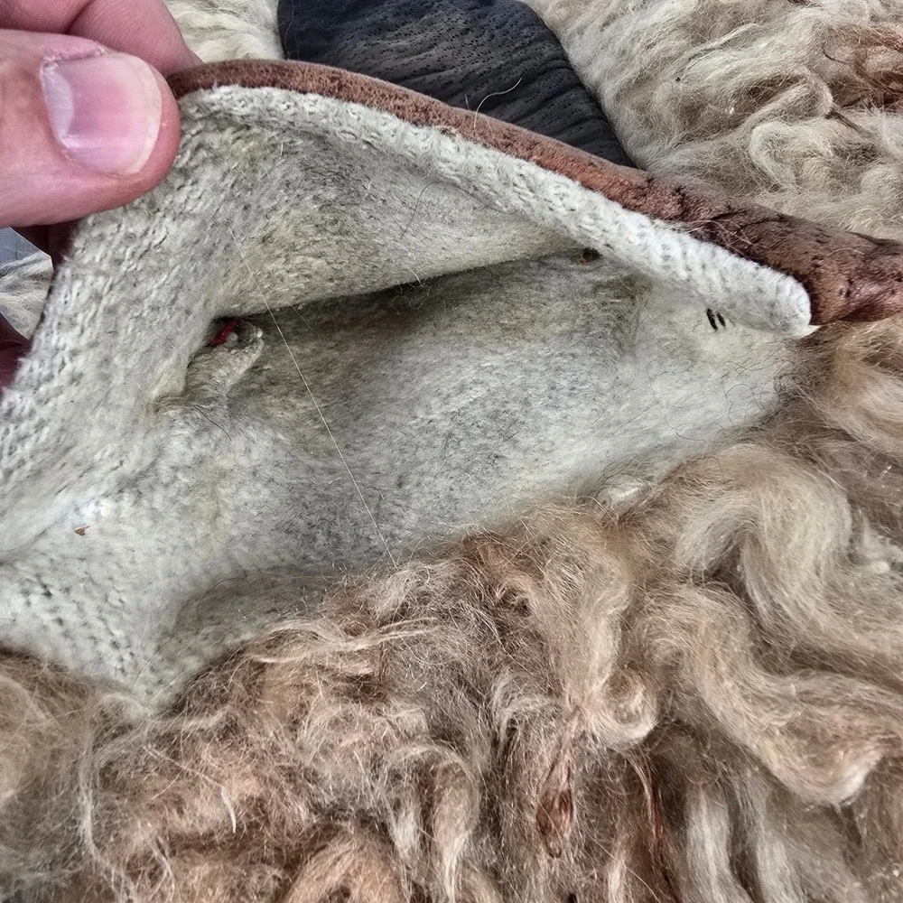 Vintage Shaggy Long Hair Sheepskin Leather Winter/Trapper Mittens Brown Tan Fur